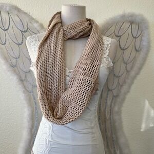 Crochet Open Knit Infinity Scarf Cowl Neck Tan Beige Neutral Cozy Chunky‎ Boho